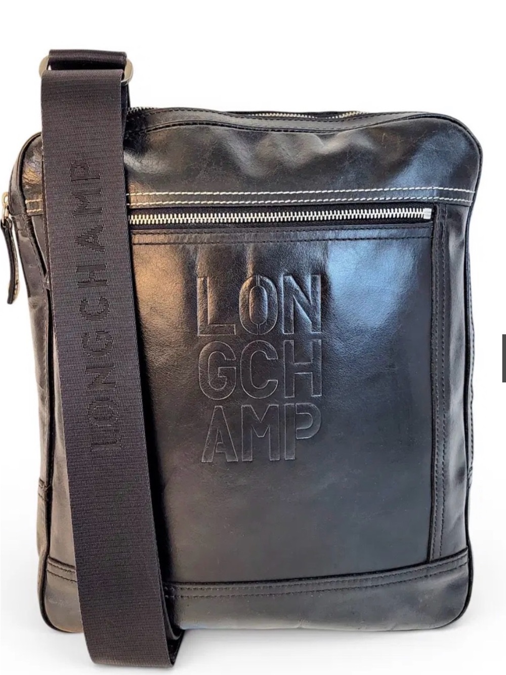 Longchamp Heritage Espresso Embossed Leather Messenger Bag with Logo Strap EUC